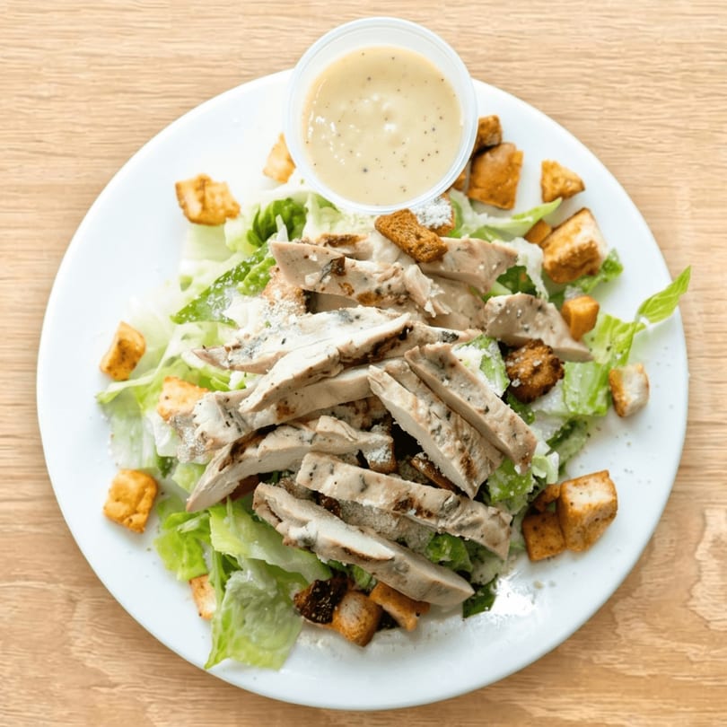 Overhead view of a chicken Caesar salad with croutons and a side of dressing.