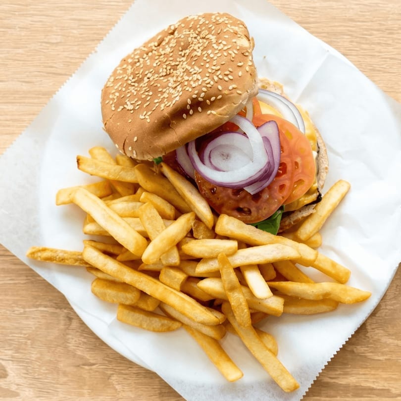 A burger with tomato, onion, and cheese, served with a side of golden french fries on white paper.